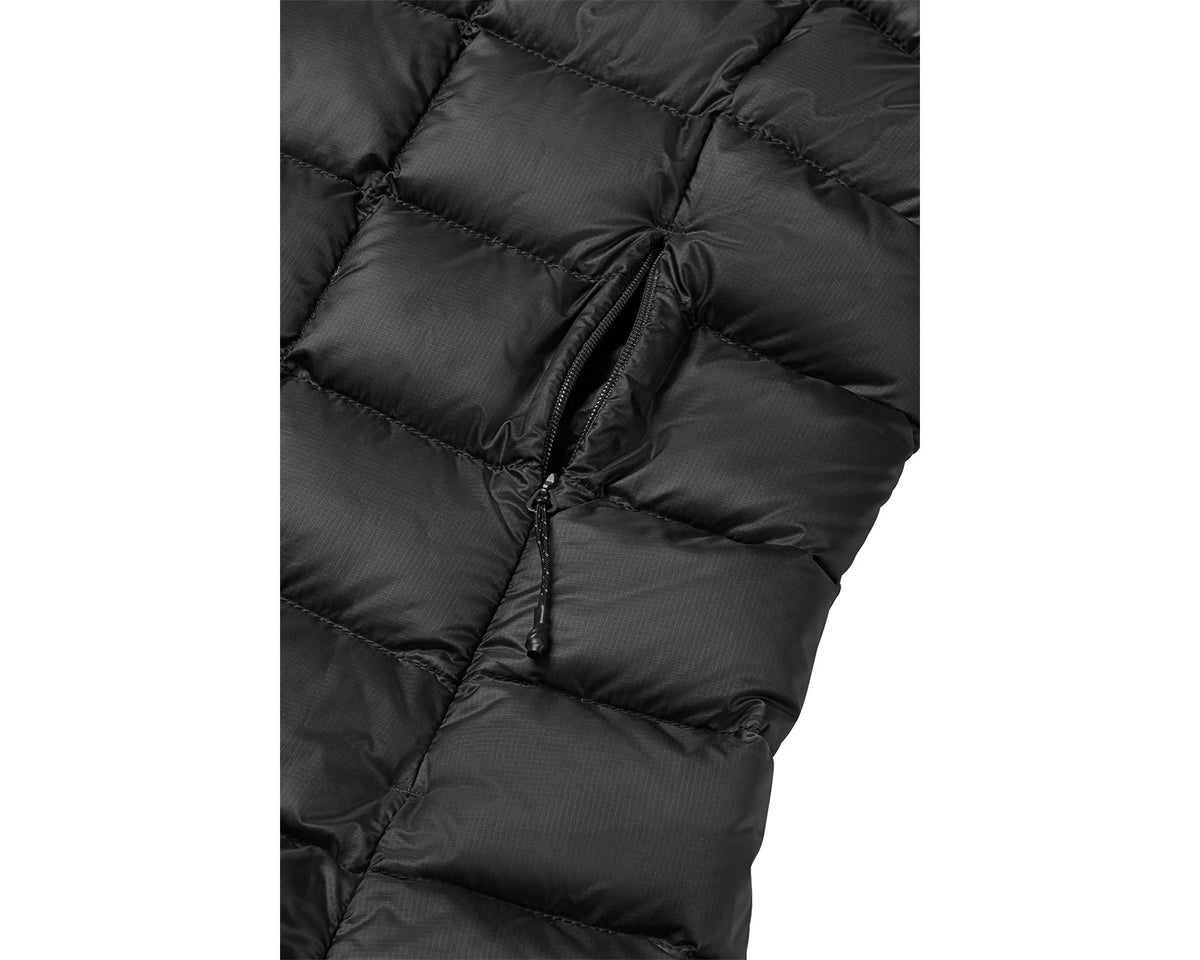 Close-up of a black puffer jacket on a white background