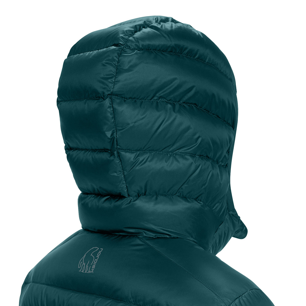 Close-up rear view of a dark teal puffer jacket with horizontal quilting, a large hood, and a small white wolf logo on the upper back, shown against a plain white background.