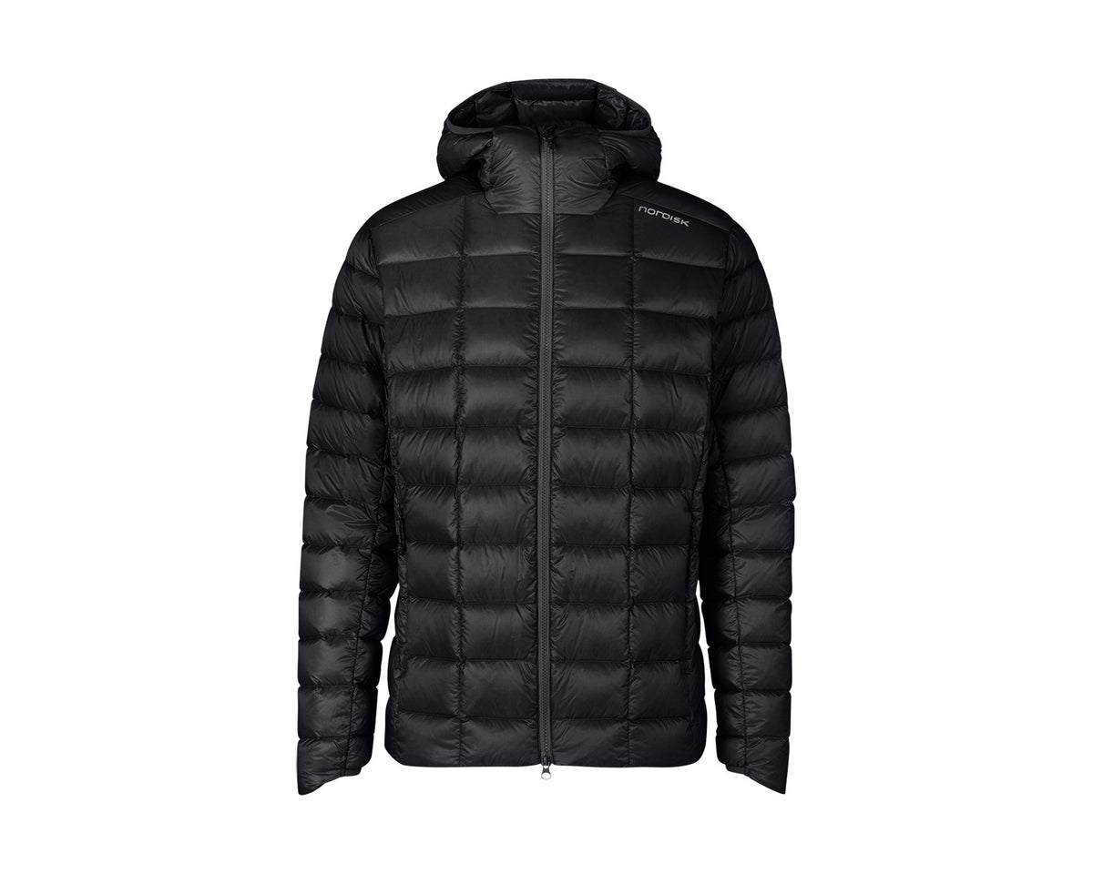 Black puffer jacket with a brand logo on a white background