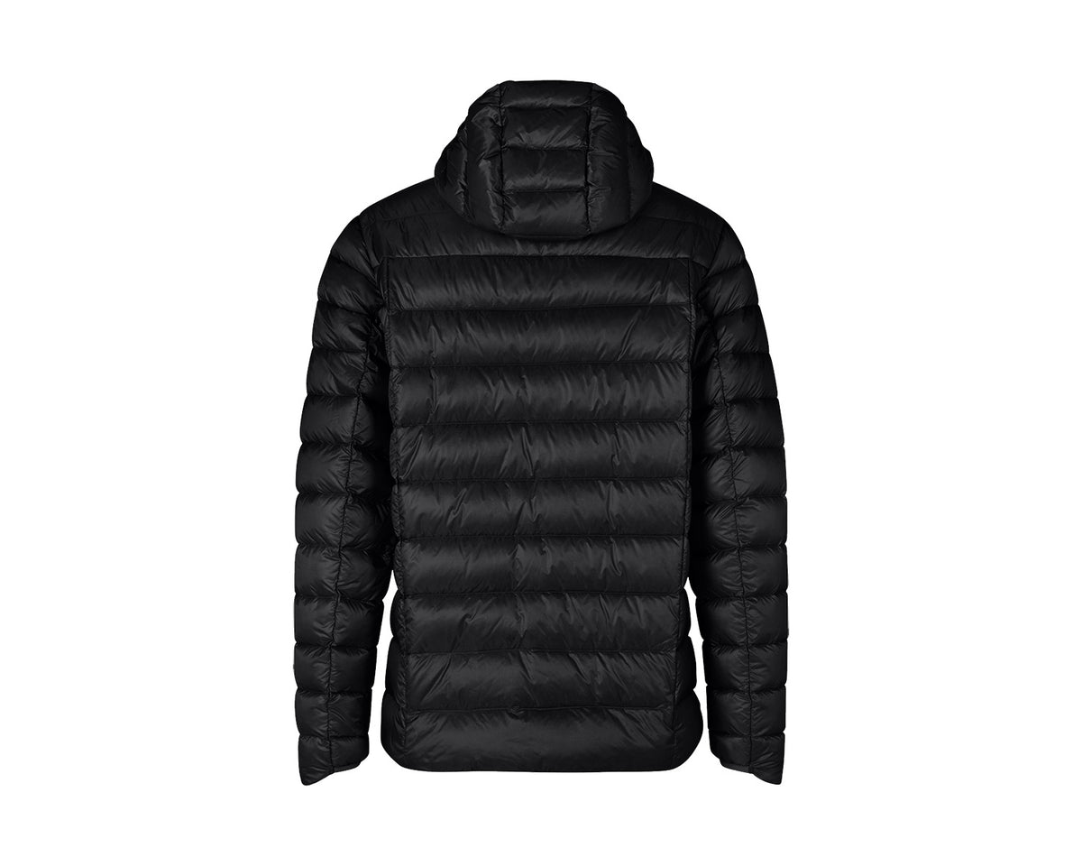 Black puffer jacket on a white background
