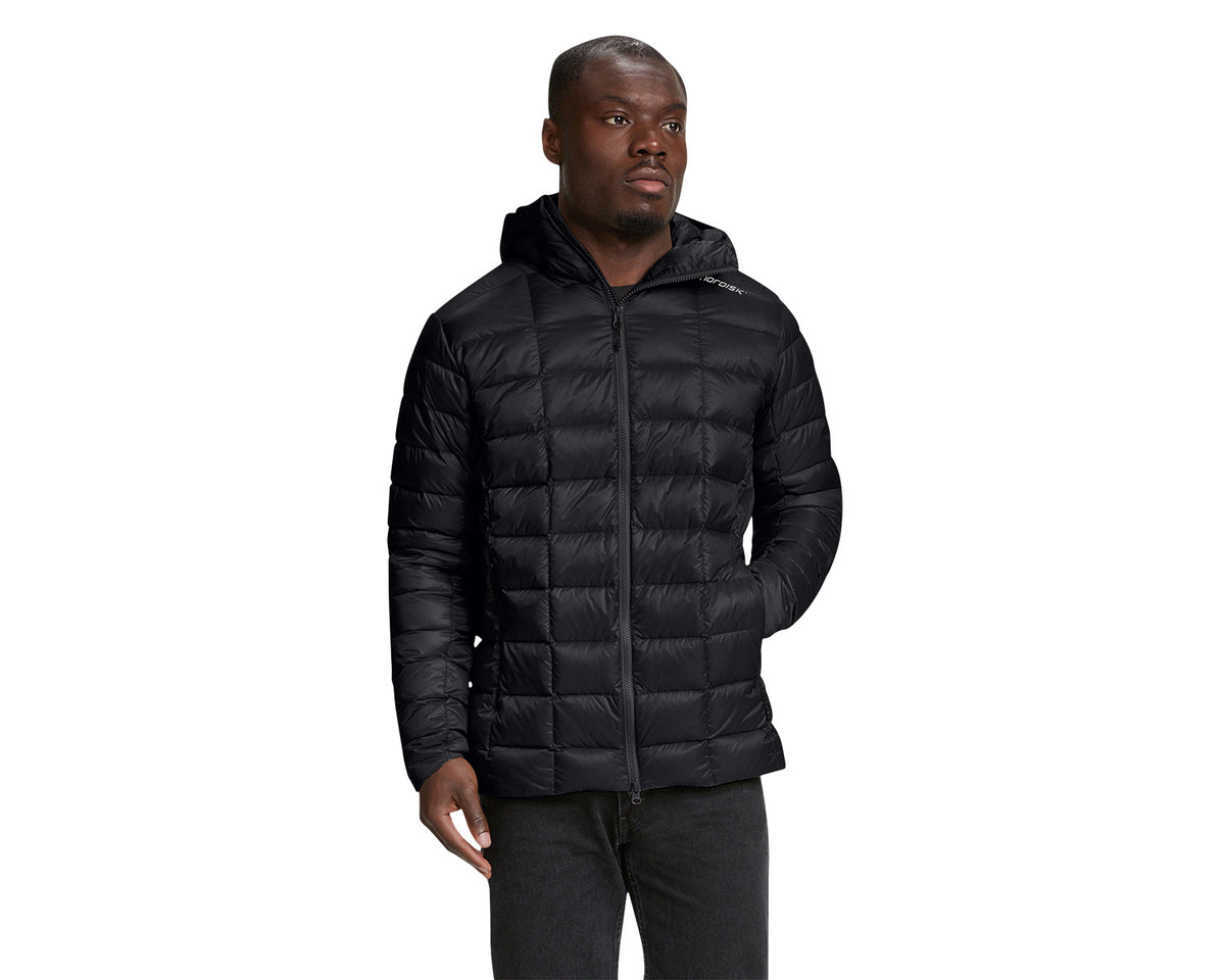 Man wearing a black puffer jacket on a white background