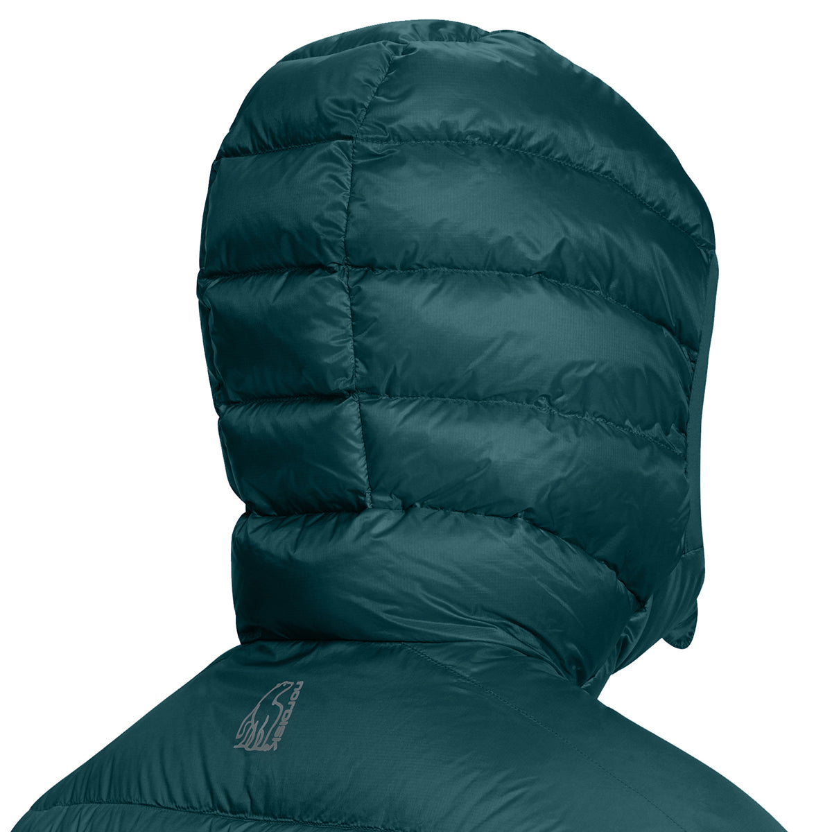 Close-up rear view of a black puffer jacket with a quilted hood and a small gray polar bear logo on the lower back, shown against a plain white background.