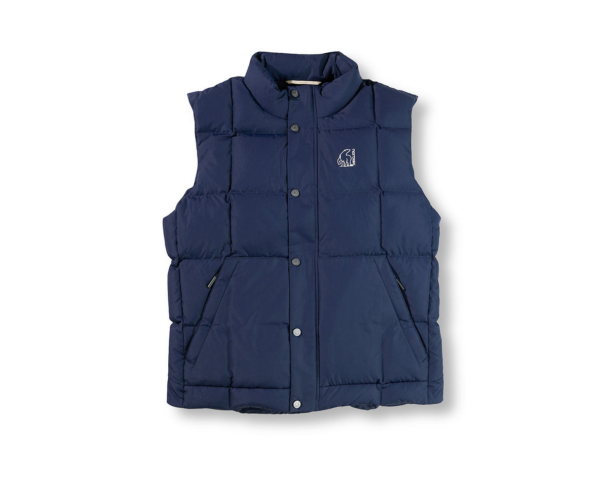 Navy blue puffer vest on a white background