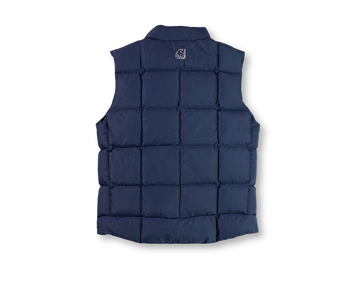 Navy blue puffer vest on a white background