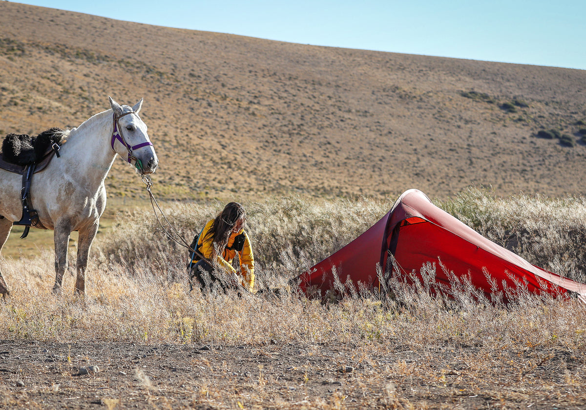 Ultra lightweight Nordisk Lofoten tent in burnt red set up next to a horse.
