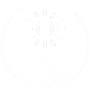 Free range down symbol showing a sun over rolling hills in a white circular icon.