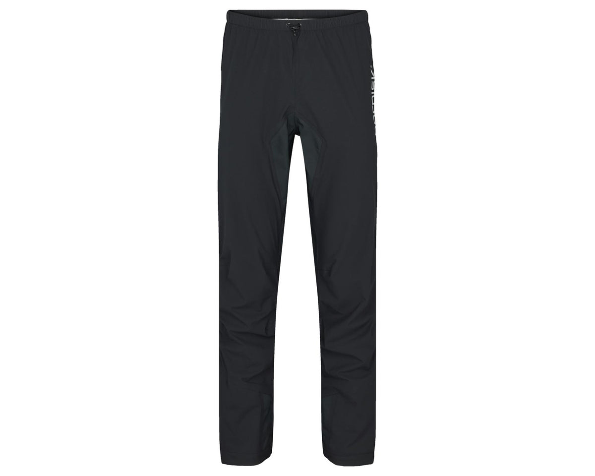 A pair of black stretchable 3-layer pants designed for all-weather protection, featuring durable reinforcements, long side zips, velcro adjustments, and reflective details.