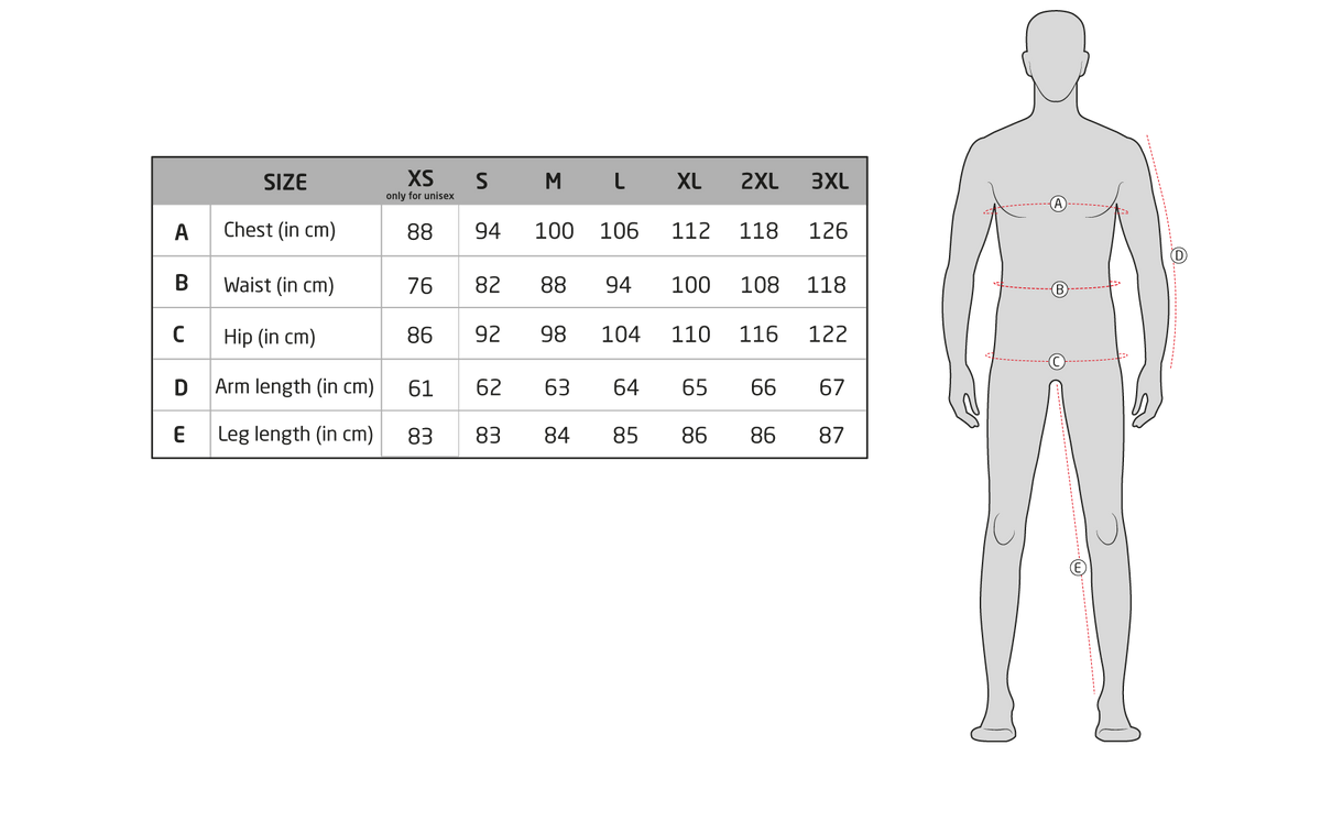 Men size guide chart showing body measurements for chest, waist, hip, arm, and leg length.