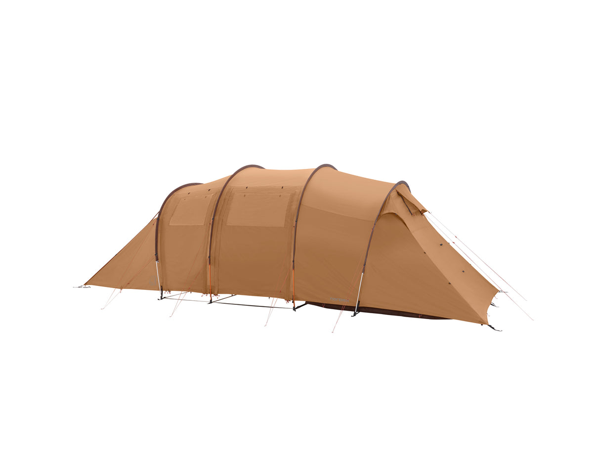A large, beige, family tent with a capacity of 6 people, displayed against a white background.