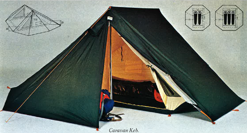 Vintage green Caravan Keb tent with technical diagrams showing dimensions and sleeping capacity.