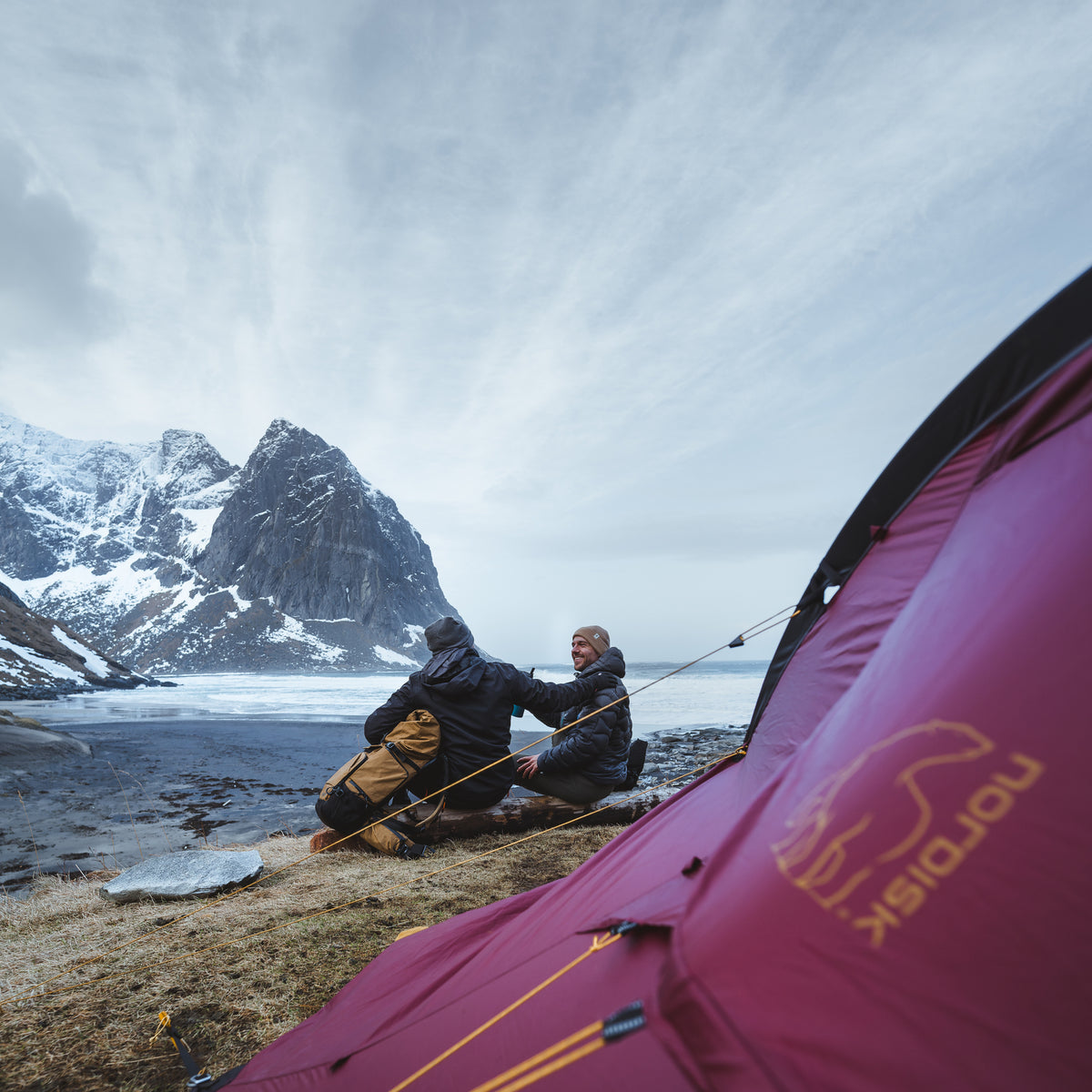 Sebastian and Maximilian Lehrke camping with a Nordisk Seiland tent in snowy Norwegian mountains.