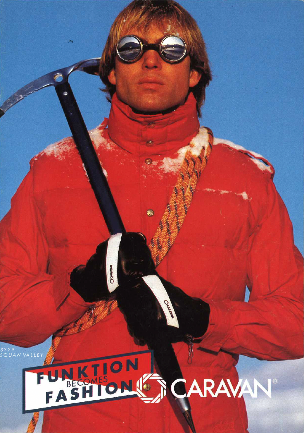 Vintage Caravan outdoor fashion advertisement featuring a mountaineer in a red jacket with an ice axe.