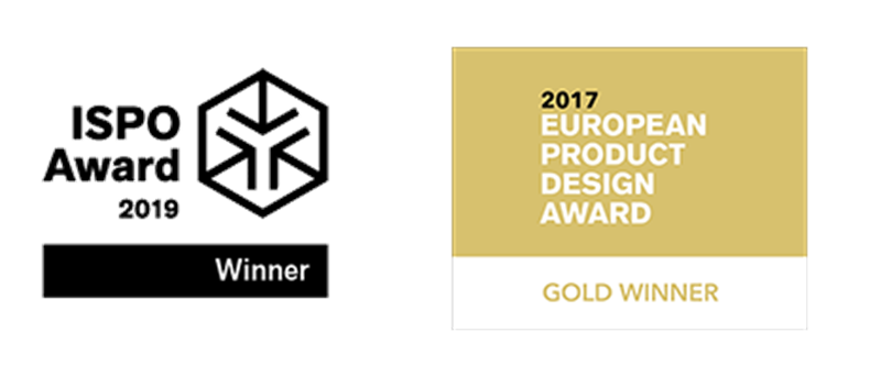 ISPO Award 2019 Winner and 2017 European Product Design Award Gold Winner logos.