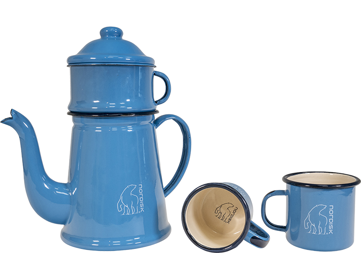 Madam Blå sky blue enamel coffee pot and matching mugs by Nordisk.