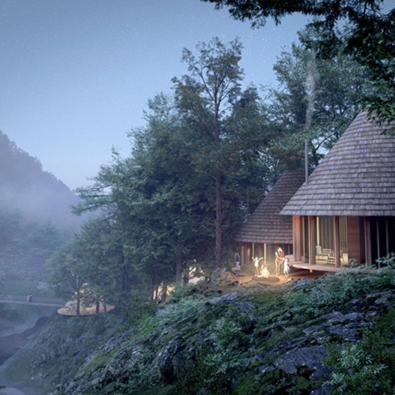 Nordisk Hygge Circles sustainable theme park in Ugakei Japan featuring wooden cabins and campfire.