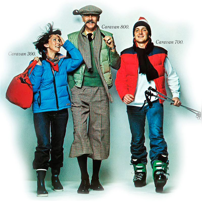 Vintage Caravan outdoor fashion advertisement from 1980 featuring three models in retro winter clothing.