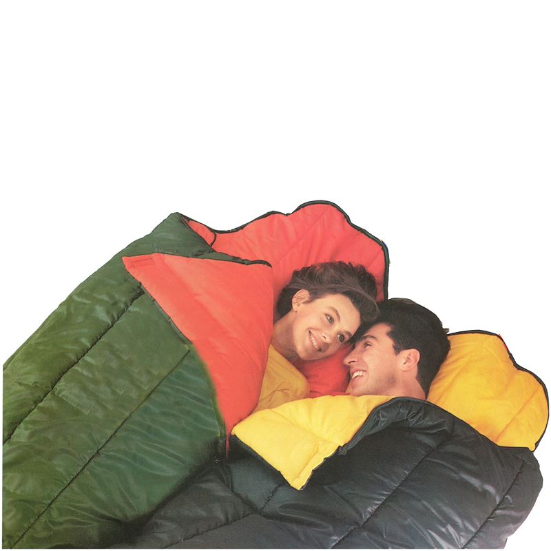 Retro style photo of a couple in colorful Nordisk and Caravan sleeping bags from 1991.