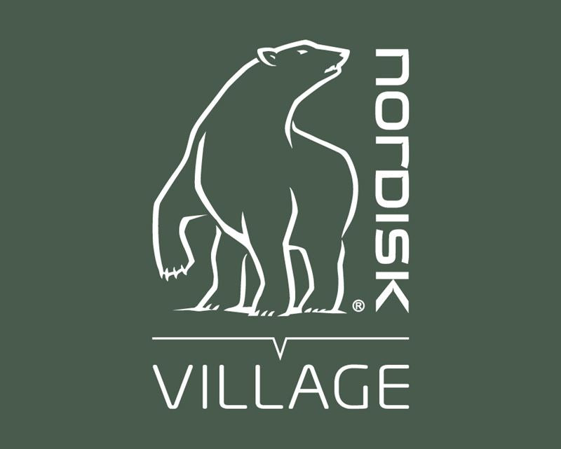 Nordisk Village logo featuring a white polar bear outline on a dark green background.