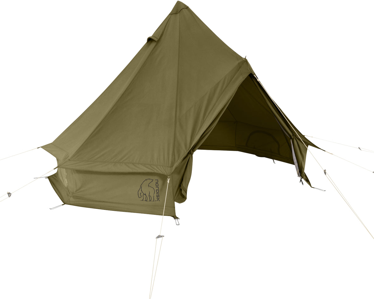 Green camping tent on a white background