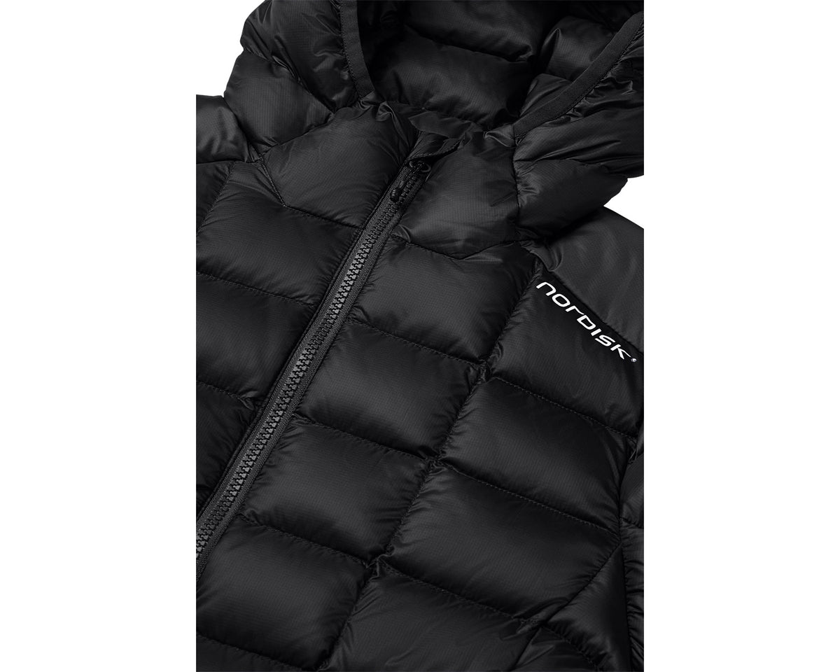 Black puffer jacket with a visible brand logo on a white background