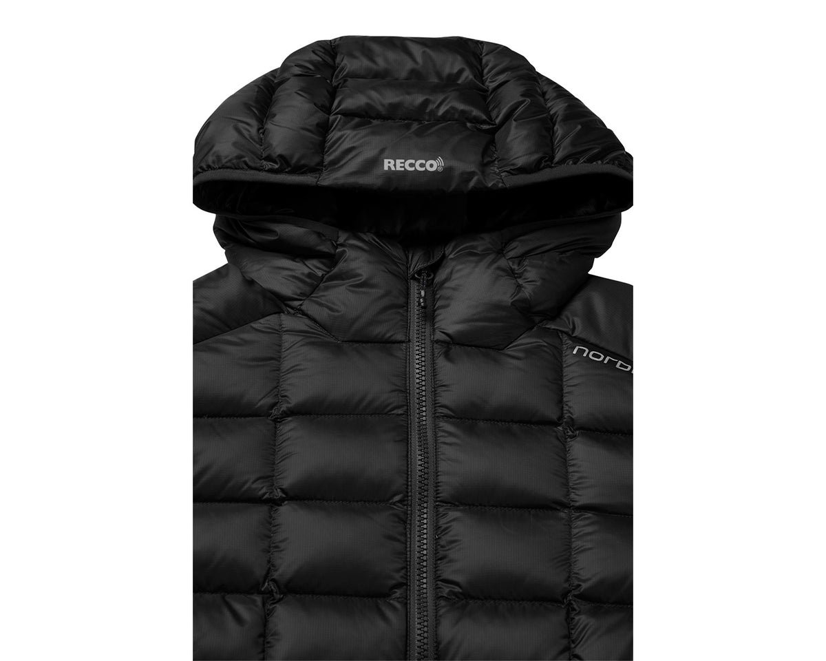 Black puffer vest with visible branding on a white background