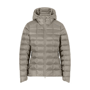 A light taupe-gray hooded puffer jacket with horizontal quilting, shown against a plain white background.