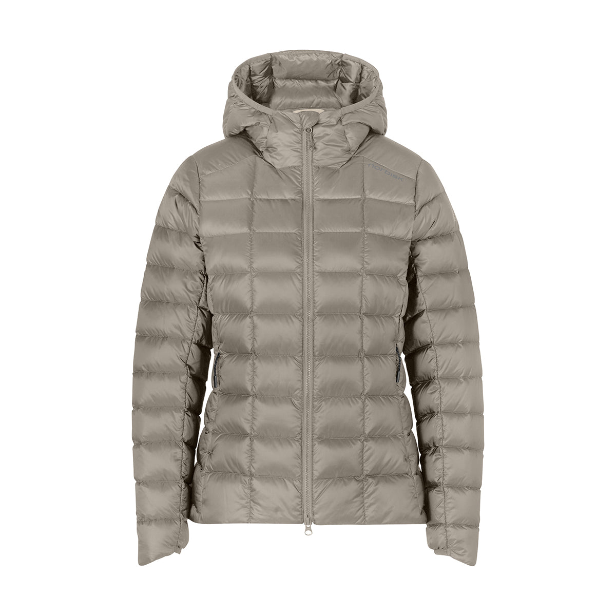 A light taupe-gray hooded puffer jacket with horizontal quilting, shown against a plain white background.