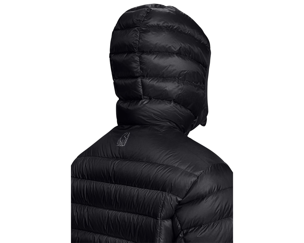 Black puffer jacket with a hood on a white background