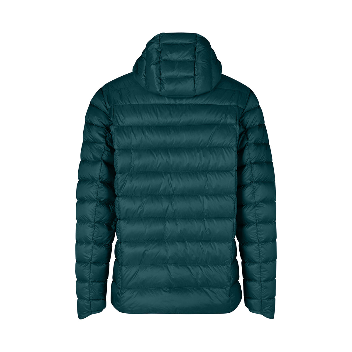 A black hooded puffer jacket shown from the back, featuring horizontal quilting and long sleeves, set against a plain white background.