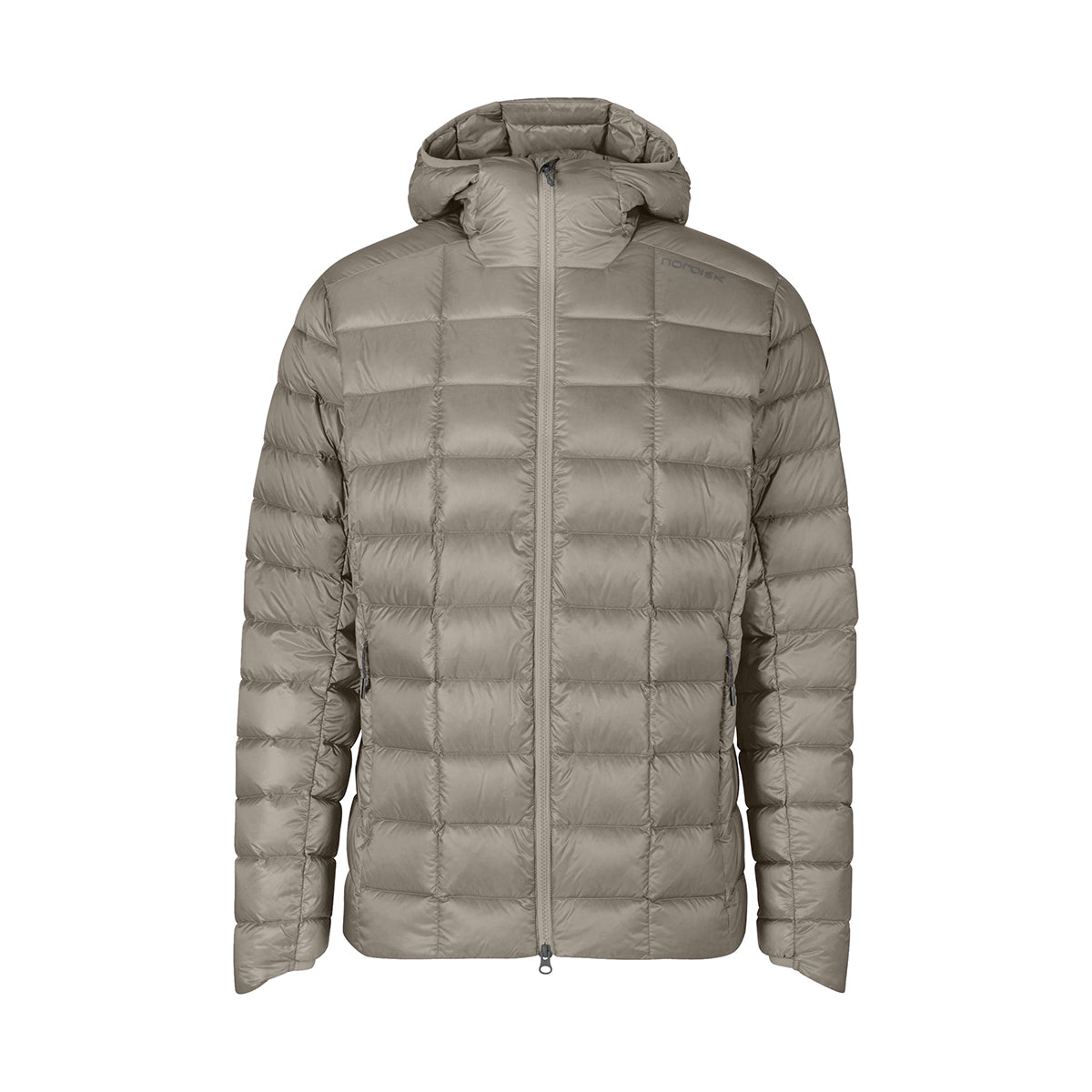 A hooded puffer jacket in a light taupe-gray color, shown against a plain white background.