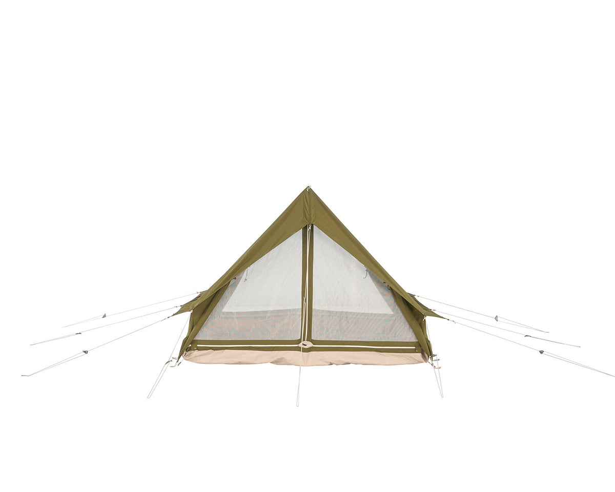 Green pyramid-shaped tent with mesh window on a white background