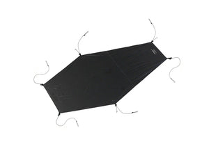 Black camping tarp with ropes on a white background