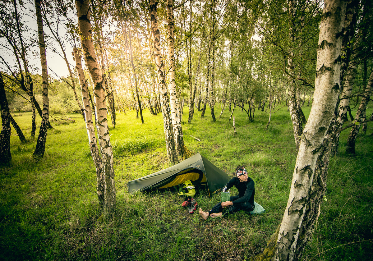 Ultra lightweight Nordisk Lofoten 1 ULW forest green tent pitched in a sunny birch forest.