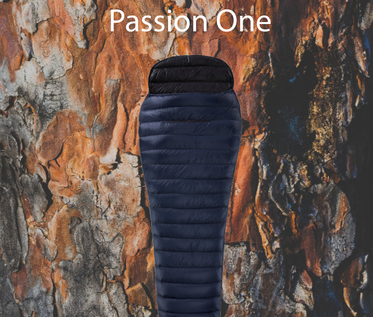 Nordisk Passion One ultra lightweight down sleeping bag displayed against a natural bark background.