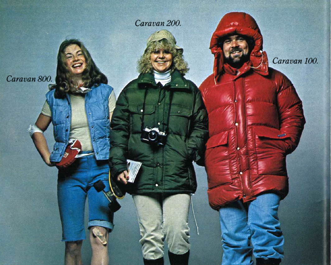Vintage Nordisk Caravan outdoor jackets and vests from the heritage collection on three people.