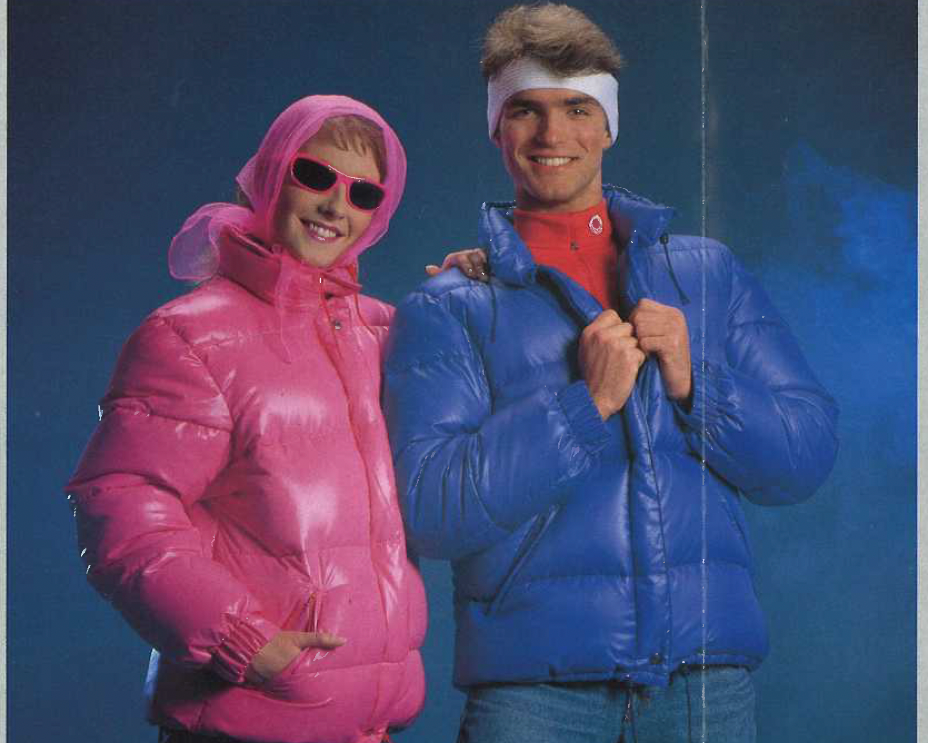 Vintage Nordisk caravan clothing featuring pink and blue shiny down jackets from the 1980s.