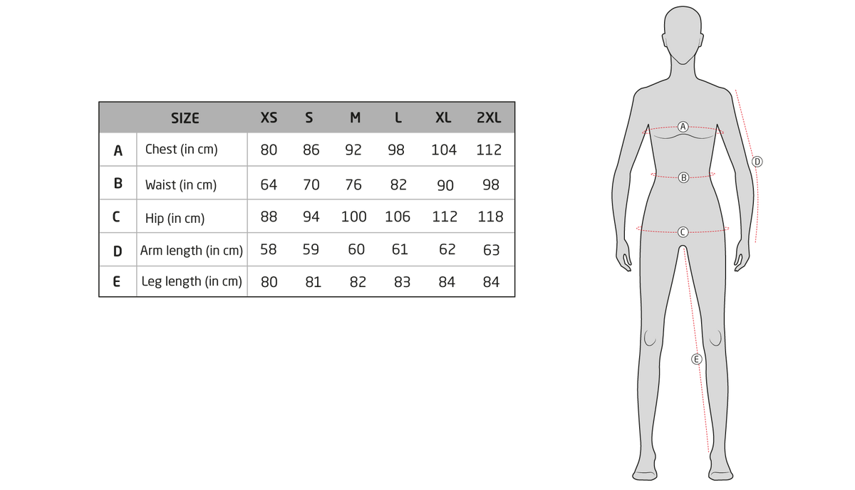 Women body measurements and size guide table for jackets and pants.