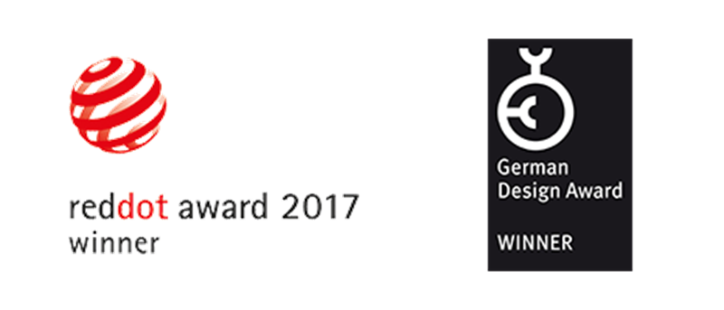 Red Dot Design Award Winner 2017 and German Design Award Winner logos for Nordisk products.