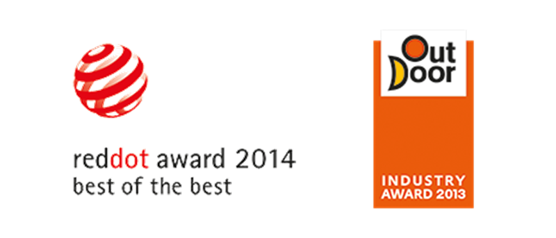 Red Dot Award 2014 and Outdoor Industry Award 2013 logos for ultralight outdoor equipment.