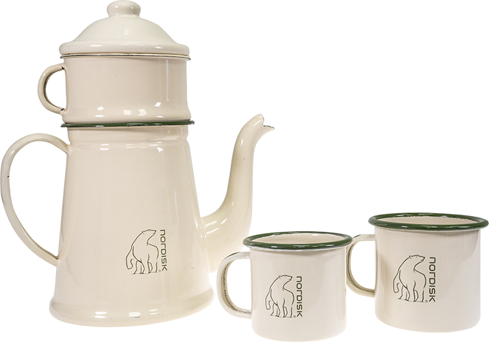 Nordisk Madam Blå enamel coffee pot and cups in cream with nostalgic design.