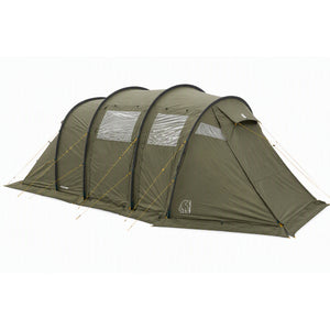 An olive green multi-person camping tent with multiple arched sections, clear window panels, and guy lines, shown on a plain white background.
